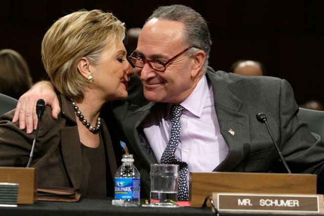 Hillary Clinton and Chuck Schumer at her Senate confirmation hearing in 2009